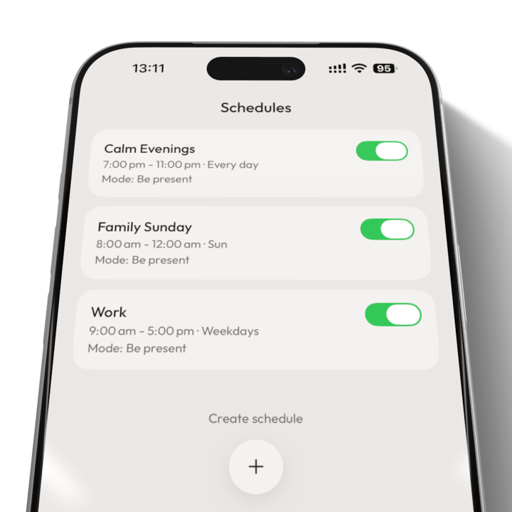 The Schedules screen: Calm Evenings, Family Sunday and Work