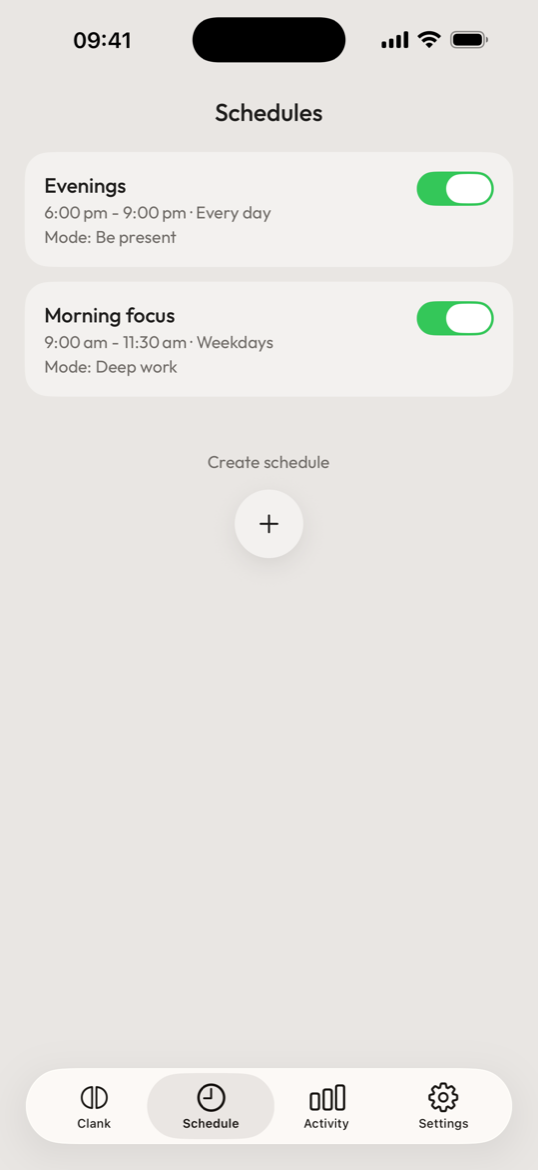 Schedules screen of Clank