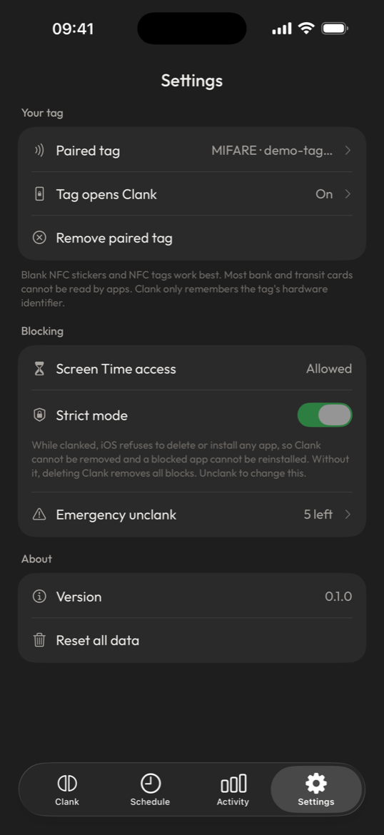 Settings screen of Clank